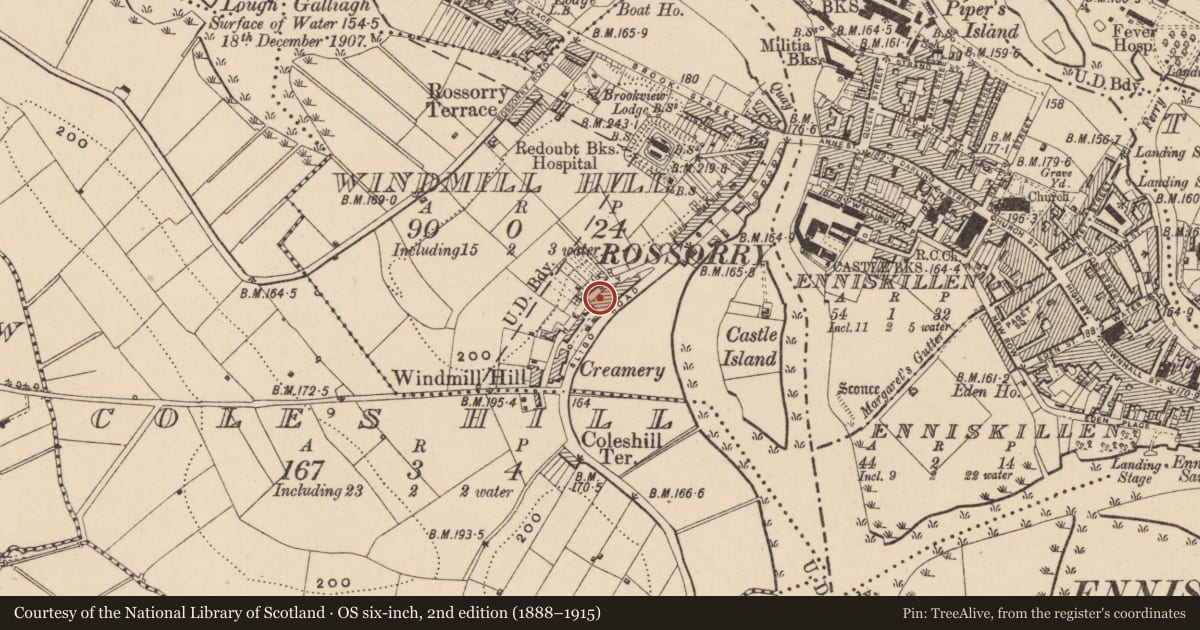 Ordnance Survey six-inch map, 2nd edition (1888–1915) covering the location of Former Scottish Cooperative Wholesale Society factory ('The Scotch Stores'), Enniskillen, Fermanagh and Omagh, with a pin at the register's coordinates