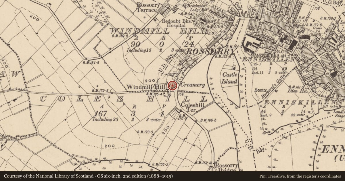 Ordnance Survey six-inch map, 2nd edition (1888–1915) covering the location of Former Scottish Cooperative Wholesale Society factory ('The Scotch Stores'), Enniskillen, Fermanagh and Omagh, with a pin at the register's coordinates