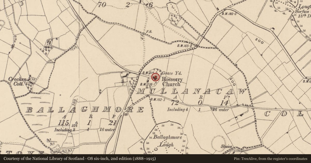 Ordnance Survey six-inch map, 2nd edition (1888–1915) covering the location of Rossorry Church, Fermanagh and Omagh, with a pin at the register's coordinates