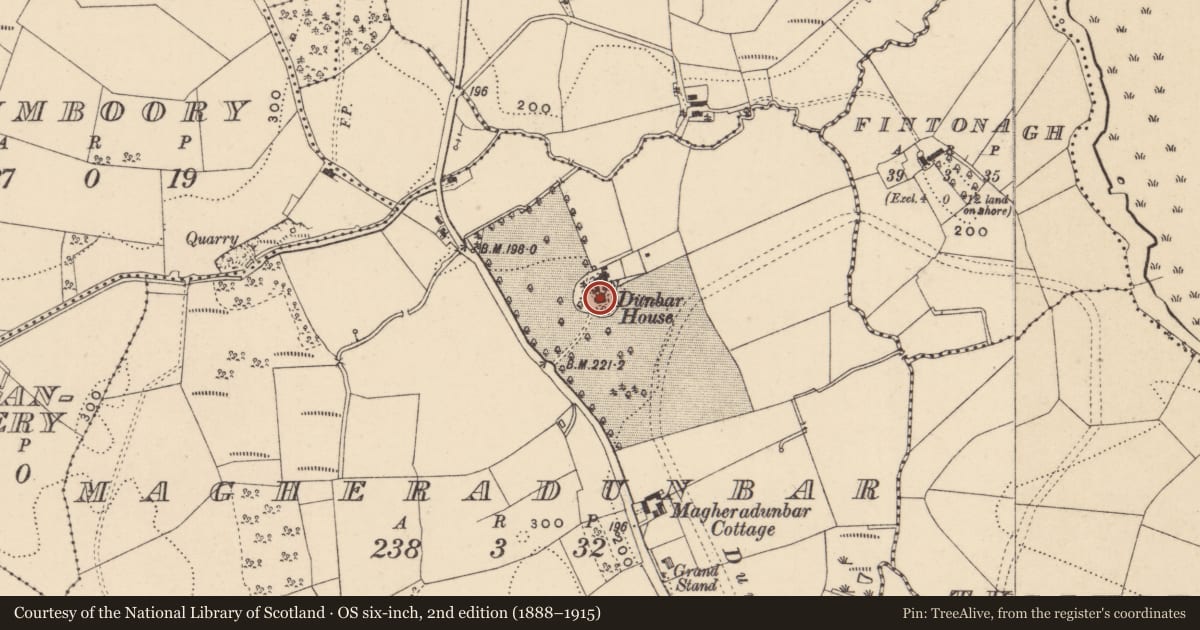 Ordnance Survey six-inch map, 2nd edition (1888–1915) covering the location of Dunbar House, Fermanagh and Omagh, with a pin at the register's coordinates