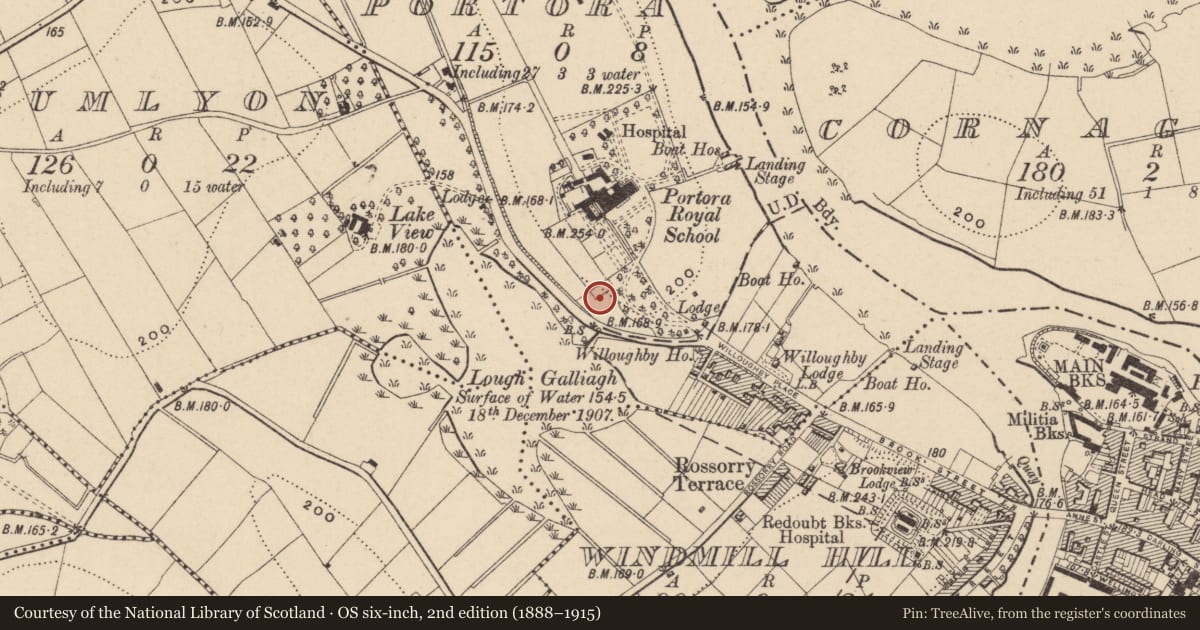Ordnance Survey six-inch map, 2nd edition (1888–1915) covering the location of Munster House At Portora Royal School, Fermanagh and Omagh, with a pin at the register's coordinates