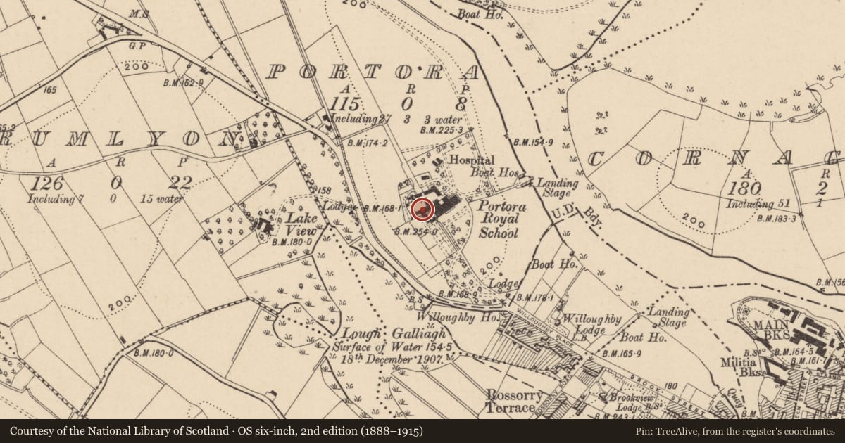 Ordnance Survey six-inch map, 2nd edition (1888–1915) covering the location of The Steele Hall, Portora, Fermanagh and Omagh, with a pin at the register's coordinates
