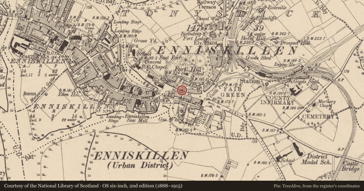 Ordnance Survey six-inch map, 2nd edition (1888–1915) covering the location of 38 Belmore Street, Tonystick, with a pin at the register's coordinates