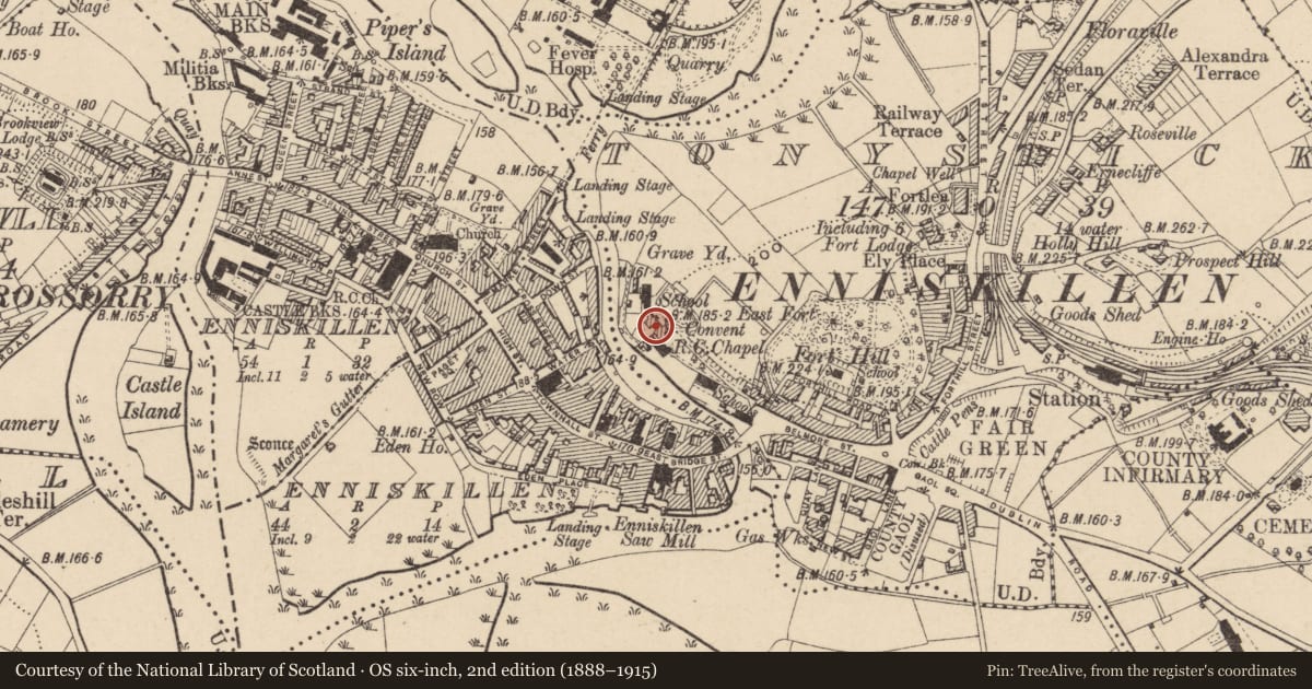 Ordnance Survey six-inch map, 2nd edition (1888–1915) covering the location of Convent Of The Sisters Of Mercy, Fermanagh and Omagh, with a pin at the register's coordinates