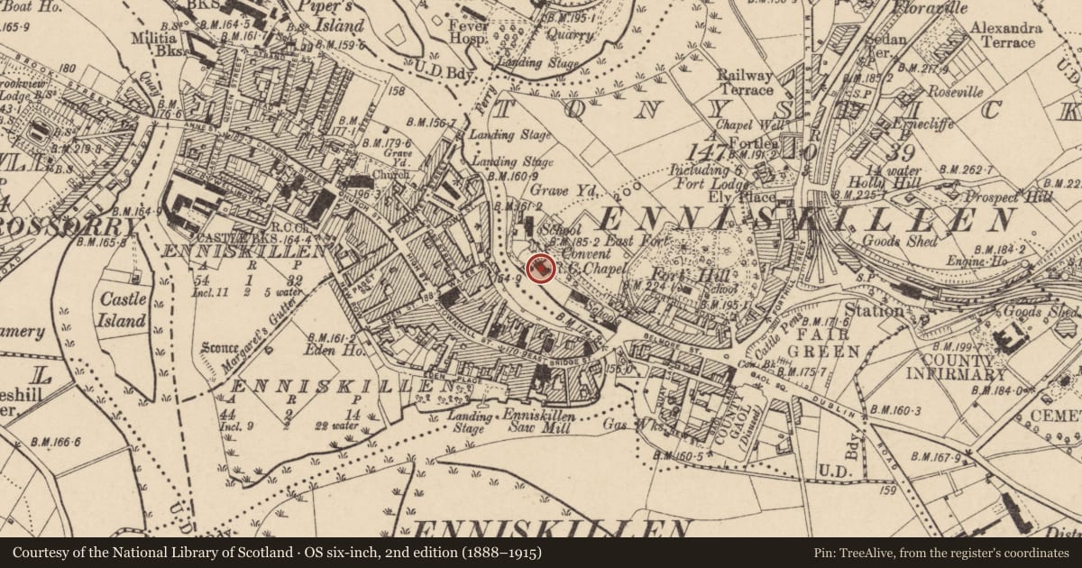 Ordnance Survey six-inch map, 2nd edition (1888–1915) covering the location of Chapel At The Convent Of The Sisters Of Mercy Belmore St., Fermanagh and Omagh, with a pin at the register's coordinates