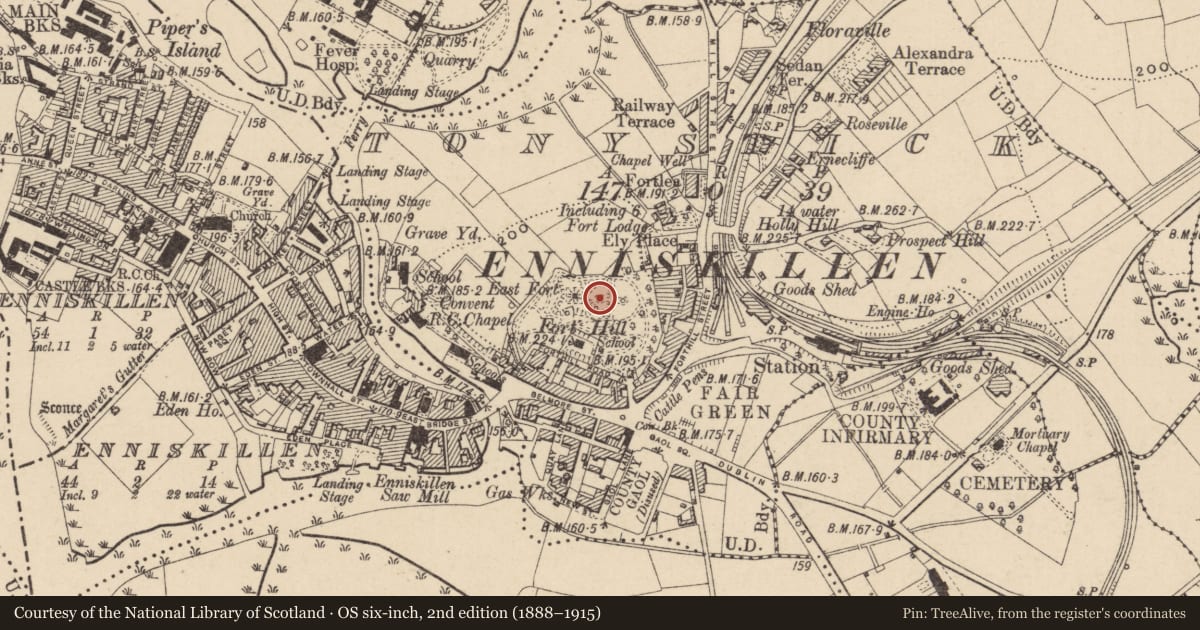 Ordnance Survey six-inch map, 2nd edition (1888–1915) covering the location of Band Stand, Fermanagh and Omagh, with a pin at the register's coordinates