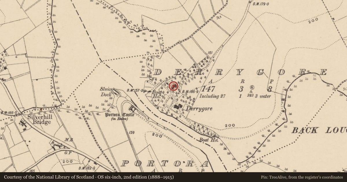 Ordnance Survey six-inch map, 2nd edition (1888–1915) covering the location of Farm Buildings, Fermanagh and Omagh, with a pin at the register's coordinates