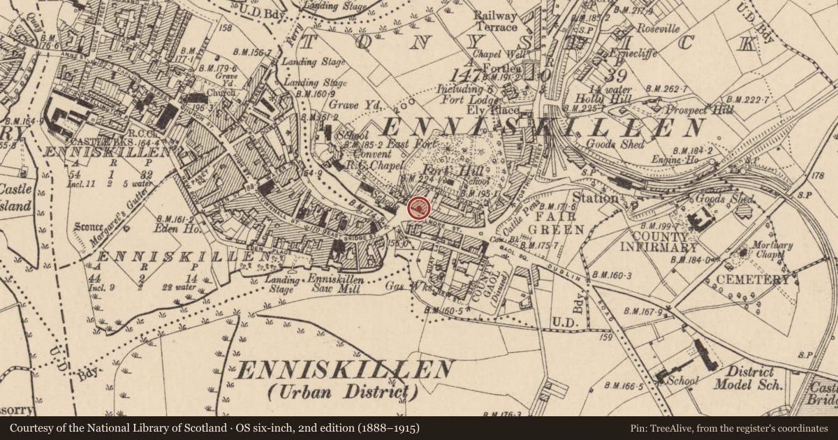 Ordnance Survey six-inch map, 2nd edition (1888–1915) covering the location of 24 Belmore St., Fermanagh and Omagh, with a pin at the register's coordinates