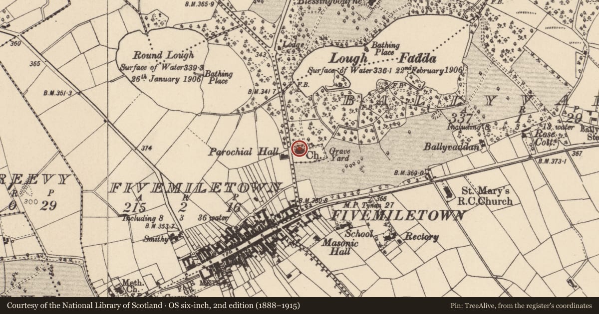 Ordnance Survey six-inch map, 2nd edition (1888–1915) covering the location of St.john'S Church, Mid Ulster, with a pin at the register's coordinates