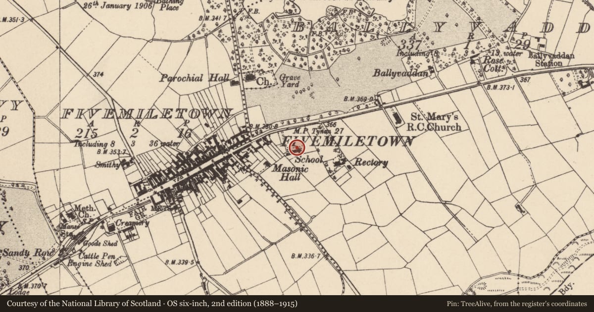 Ordnance Survey six-inch map, 2nd edition (1888–1915) covering the location of Fivemiletown Primary School, Mid Ulster, with a pin at the register's coordinates