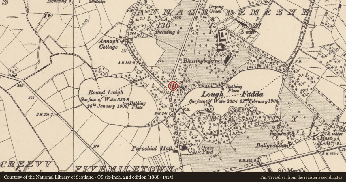 Ordnance Survey six-inch map, 2nd edition (1888–1915) covering the location of Blessingbourne Lodge, Fivemiletown, Co Tyrone, Mid Ulster, with a pin at the register's coordinates