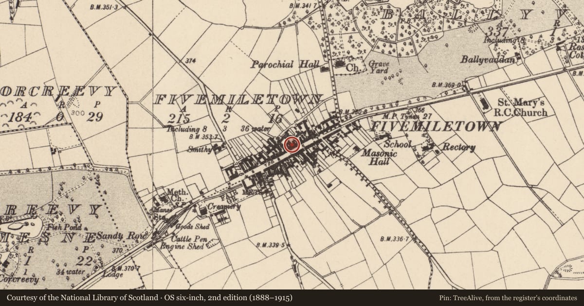 Ordnance Survey six-inch map, 2nd edition (1888–1915) covering the location of 69-75 Main St., Mid Ulster, with a pin at the register's coordinates