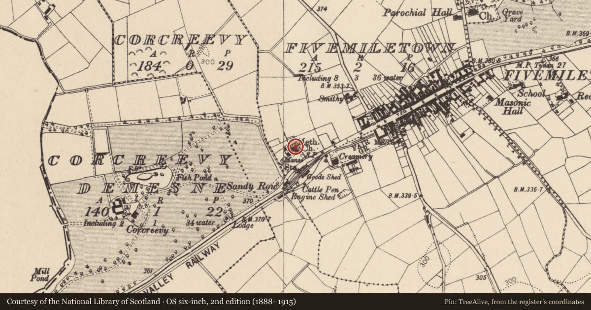 Ordnance Survey six-inch map, 2nd edition (1888–1915) covering the location of Methodist Church, Mid Ulster, with a pin at the register's coordinates