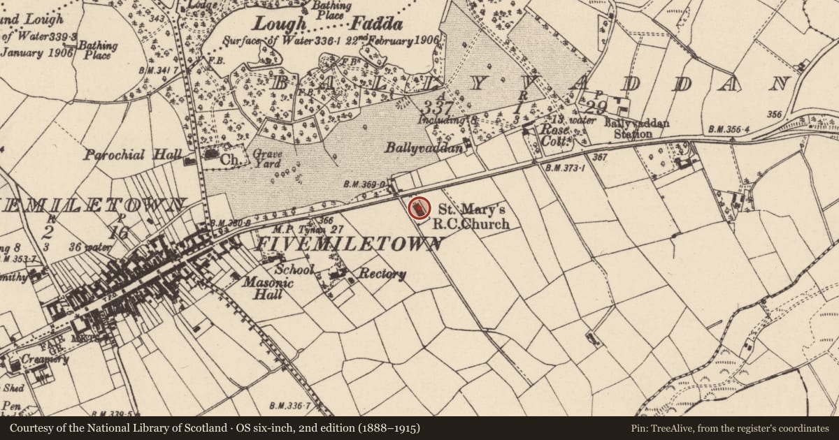 Ordnance Survey six-inch map, 2nd edition (1888–1915) covering the location of St. Mary'S R C CHURCH, Mid Ulster, with a pin at the register's coordinates