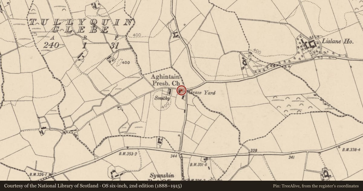 Ordnance Survey six-inch map, 2nd edition (1888–1915) covering the location of Aughentaine Presbyterian Church, Mid Ulster, with a pin at the register's coordinates