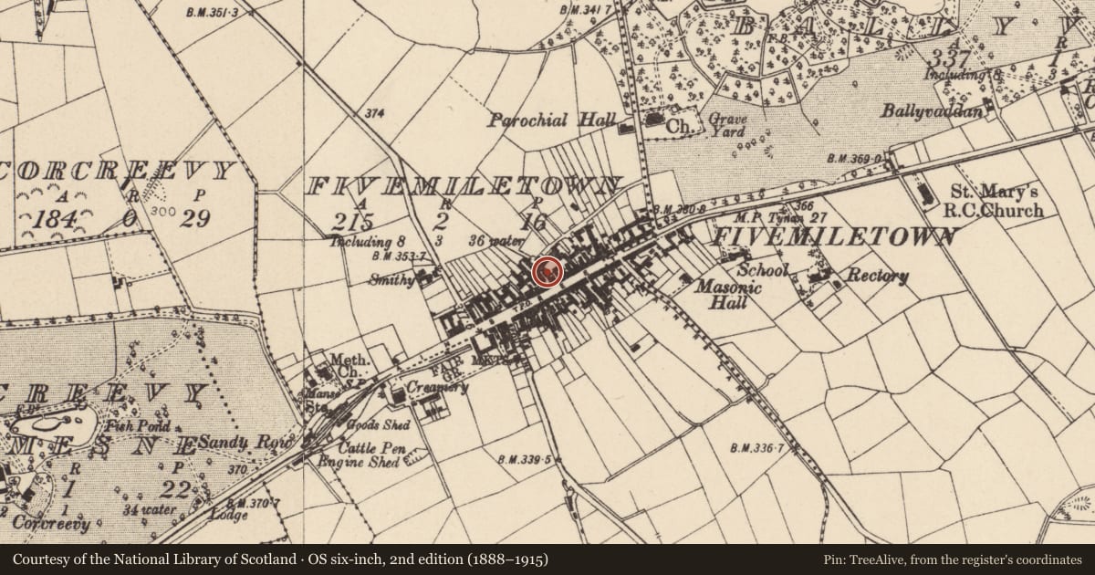 Ordnance Survey six-inch map, 2nd edition (1888–1915) covering the location of Former Market Yard, Mid Ulster, with a pin at the register's coordinates