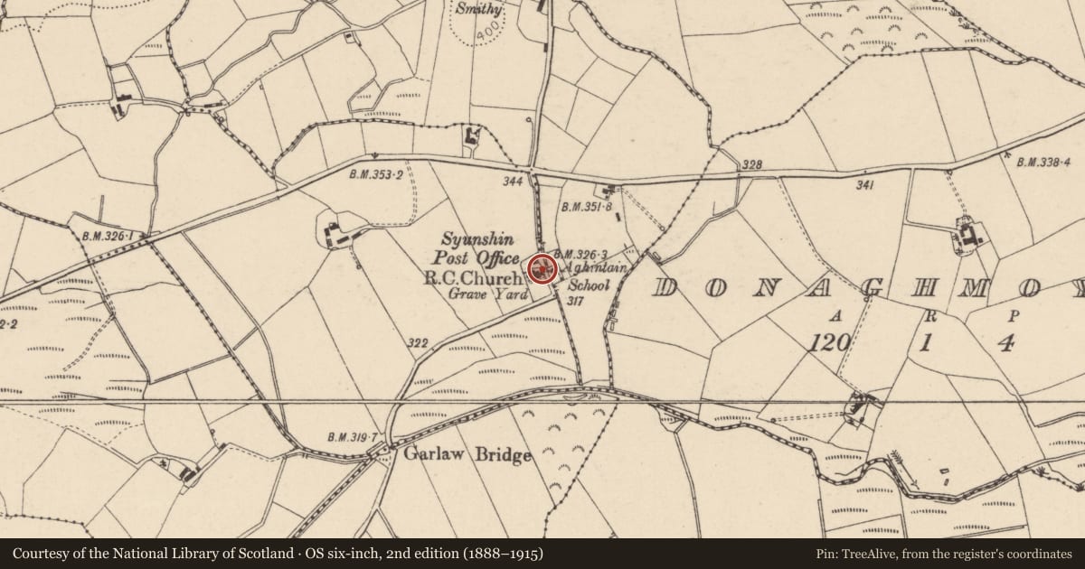 Ordnance Survey six-inch map, 2nd edition (1888–1915) covering the location of Holy Family RC Church, Syunshin, Mid Ulster, with a pin at the register's coordinates