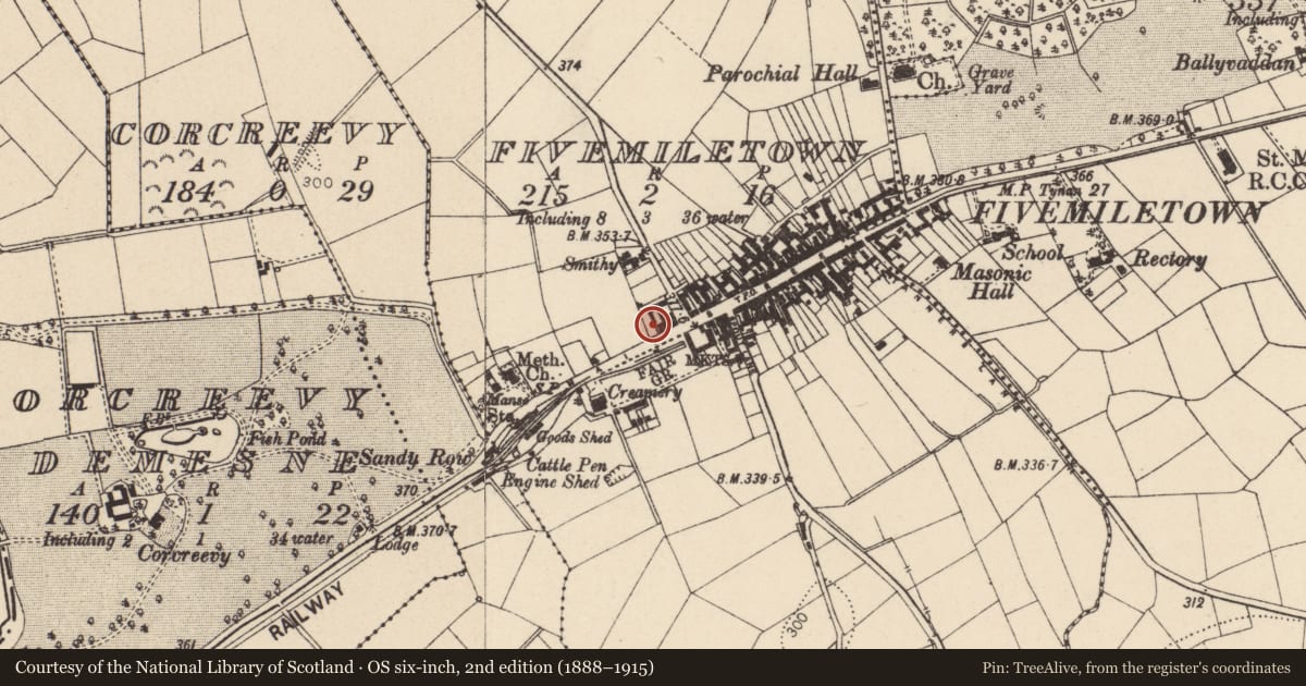 Ordnance Survey six-inch map, 2nd edition (1888–1915) covering the location of 145-147 Main St., Mid Ulster, with a pin at the register's coordinates