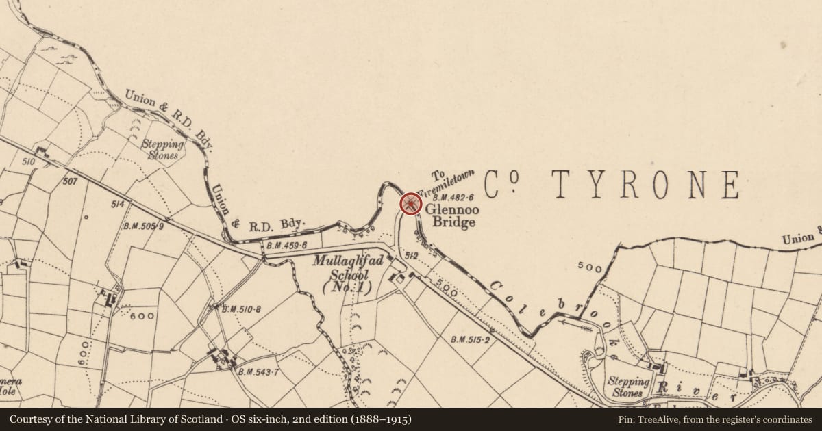 Ordnance Survey six-inch map, 2nd edition (1888–1915) covering the location of Glennoo Bridge, Fermanagh and Omagh, with a pin at the register's coordinates