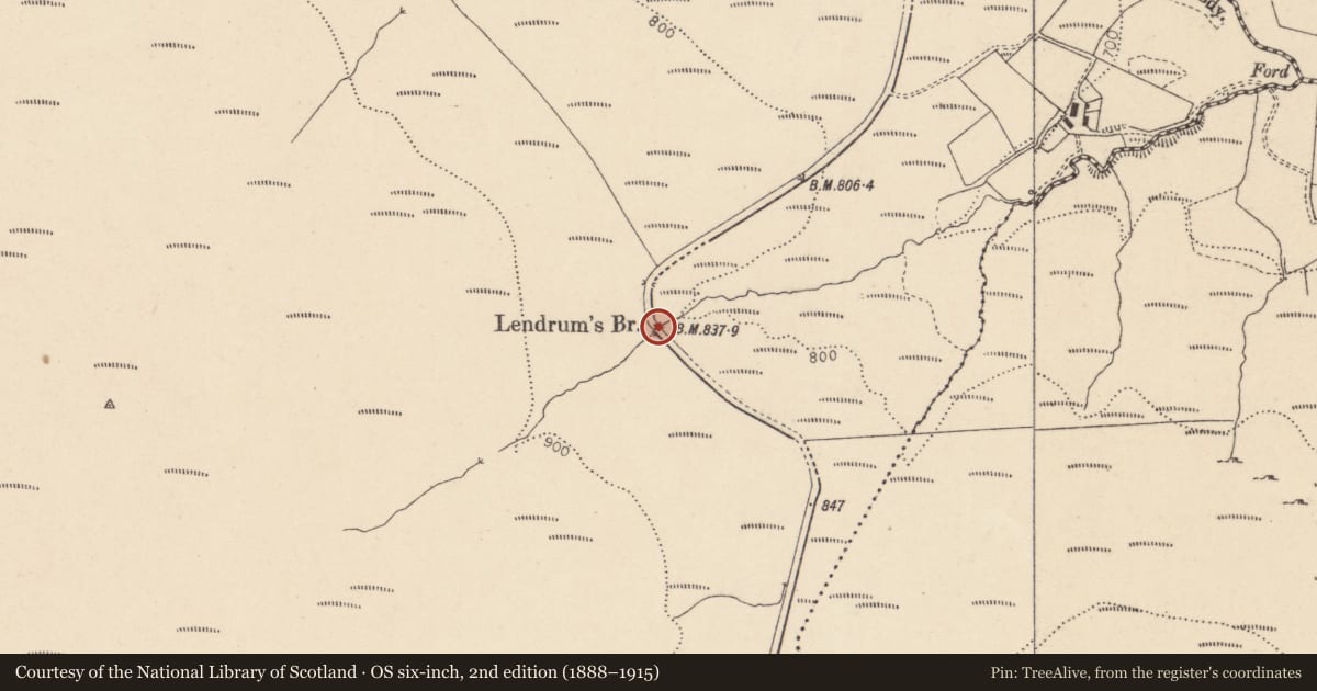 Ordnance Survey six-inch map, 2nd edition (1888–1915) covering the location of Lendrum'S Bridge, Mid Ulster, with a pin at the register's coordinates