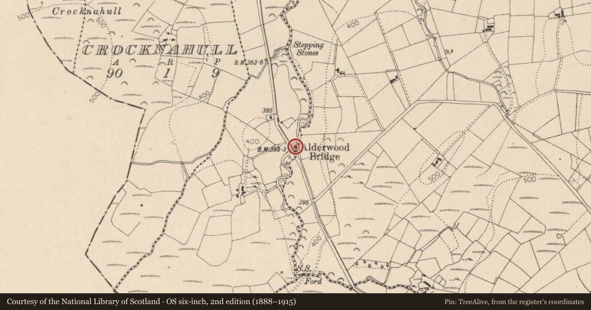 Ordnance Survey six-inch map, 2nd edition (1888–1915) covering the location of Alderwood Bridge Alderwood/Cullentra Fivemiletown, Mid Ulster, with a pin at the register's coordinates