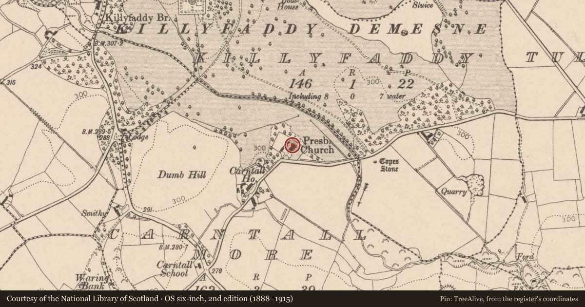 Ordnance Survey six-inch map, 2nd edition (1888–1915) covering the location of Clogher Presbyterian Church, Mid Ulster, with a pin at the register's coordinates