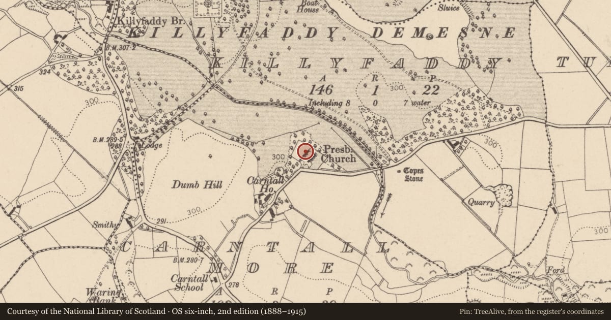 Ordnance Survey six-inch map, 2nd edition (1888–1915) covering the location of Clogher Church Hall, Mid Ulster, with a pin at the register's coordinates
