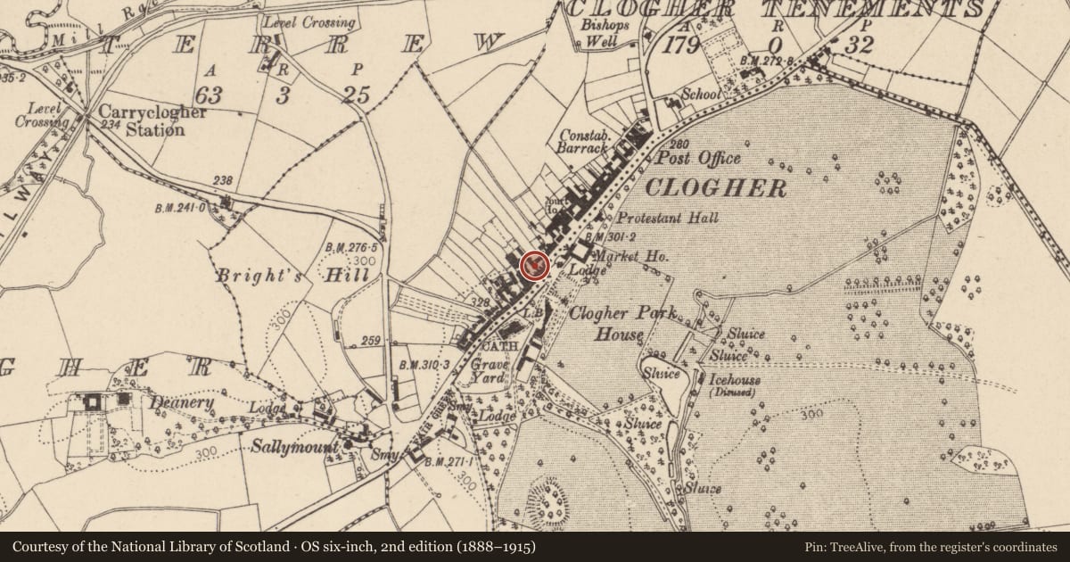 Ordnance Survey six-inch map, 2nd edition (1888–1915) covering the location of 79 Main St., Mid Ulster, with a pin at the register's coordinates