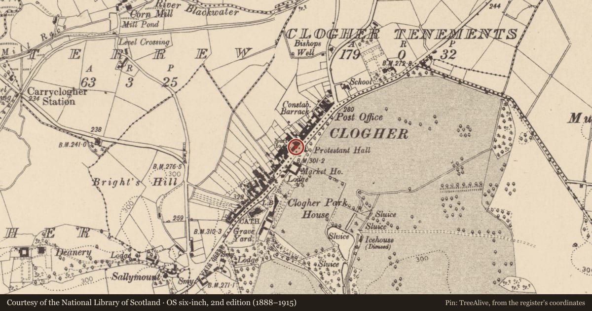 Ordnance Survey six-inch map, 2nd edition (1888–1915) covering the location of 47 Main St., Mid Ulster, with a pin at the register's coordinates
