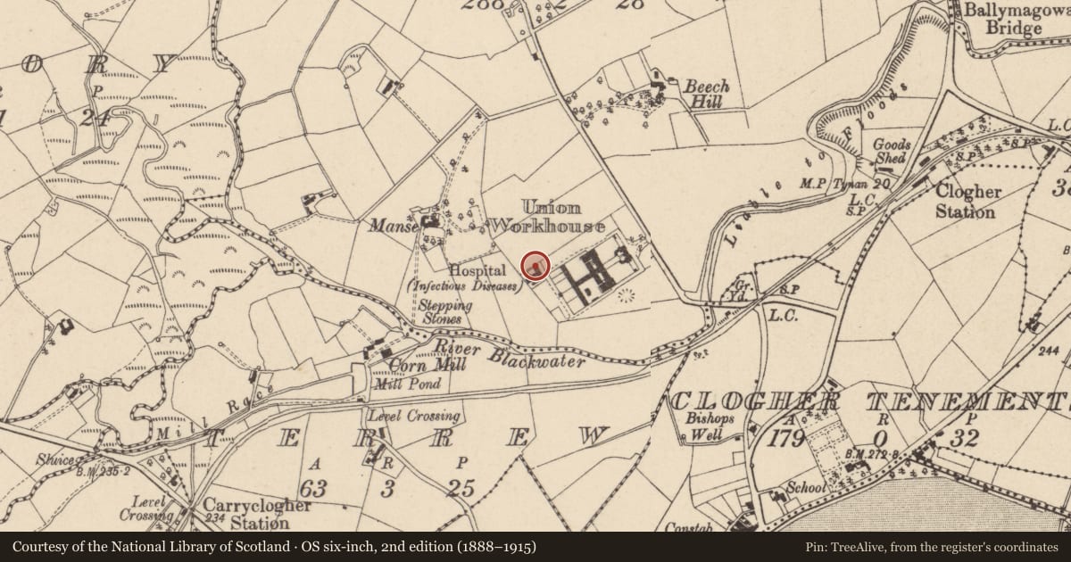 Ordnance Survey six-inch map, 2nd edition (1888–1915) covering the location of Former Poor Law Hospital, Mid Ulster, with a pin at the register's coordinates