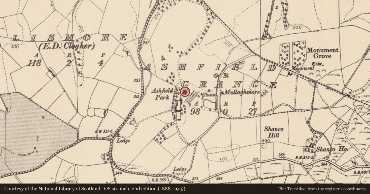 Ordnance Survey six-inch map, 2nd edition (1888–1915) covering the location of Ashfield Park, Mid Ulster, with a pin at the register's coordinates