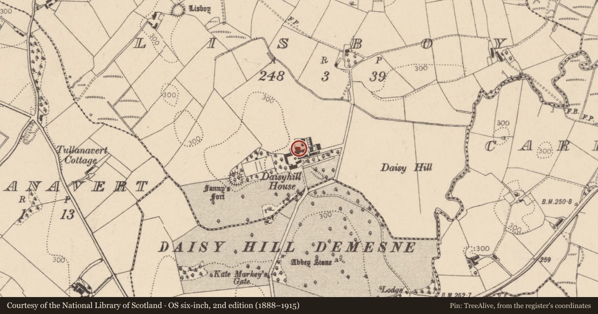 Ordnance Survey six-inch map, 2nd edition (1888–1915) covering the location of OUTBUILDINGS, Mid Ulster, with a pin at the register's coordinates