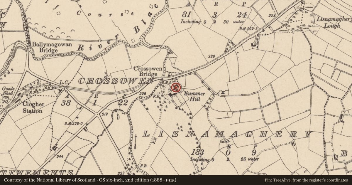 Ordnance Survey six-inch map, 2nd edition (1888–1915) covering the location of OUTBUILDINGS, Mid Ulster, with a pin at the register's coordinates