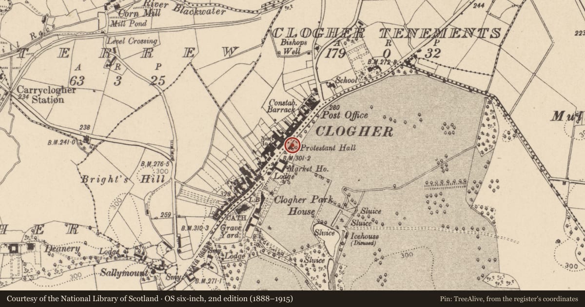 Ordnance Survey six-inch map, 2nd edition (1888–1915) covering the location of Protestant Hall, Mid Ulster, with a pin at the register's coordinates
