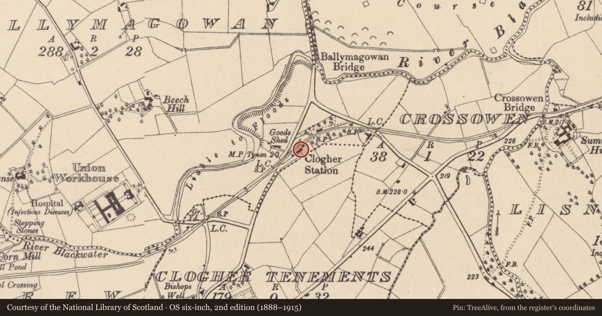 Ordnance Survey six-inch map, 2nd edition (1888–1915) covering the location of 47 Station Road, Mid Ulster, with a pin at the register's coordinates