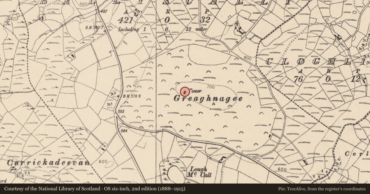 Ordnance Survey six-inch map, 2nd edition (1888–1915) covering the location of Breckenridge Mausoleum, Mid Ulster, with a pin at the register's coordinates