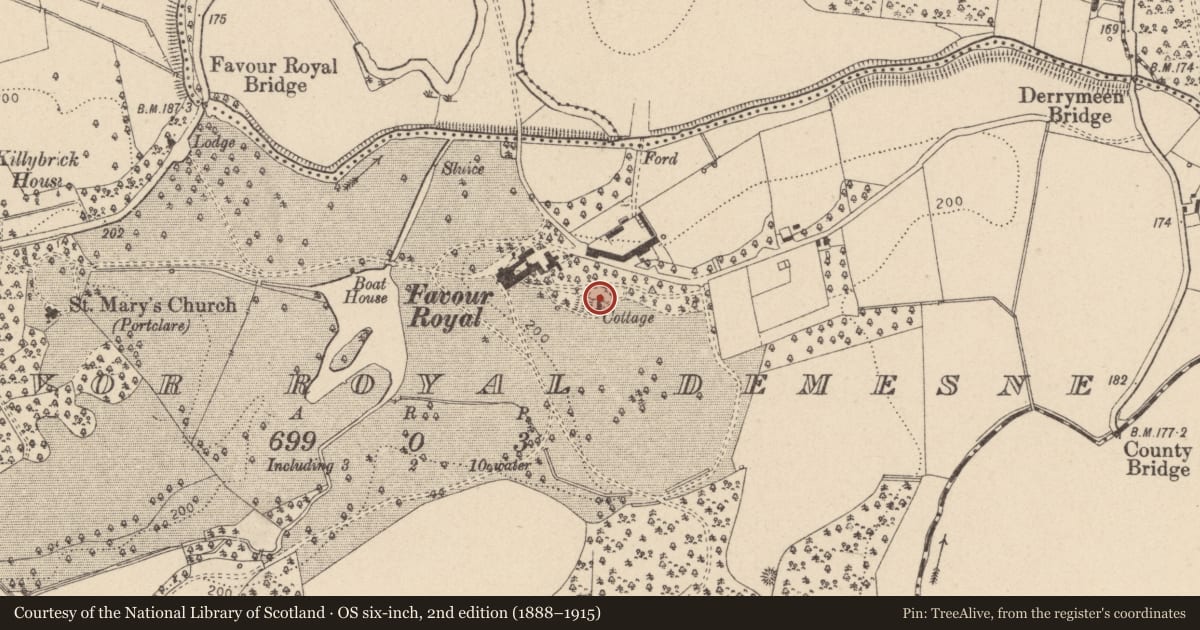 Ordnance Survey six-inch map, 2nd edition (1888–1915) covering the location of Garden Cottage, Favour Royal, Mid Ulster, with a pin at the register's coordinates
