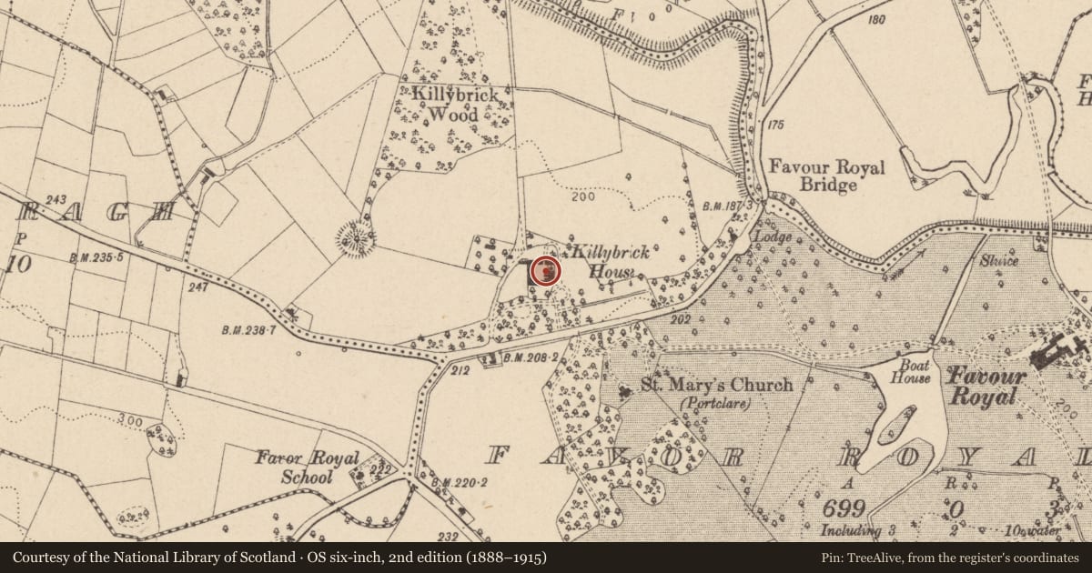 Ordnance Survey six-inch map, 2nd edition (1888–1915) covering the location of Killybrick House, Mid Ulster, with a pin at the register's coordinates