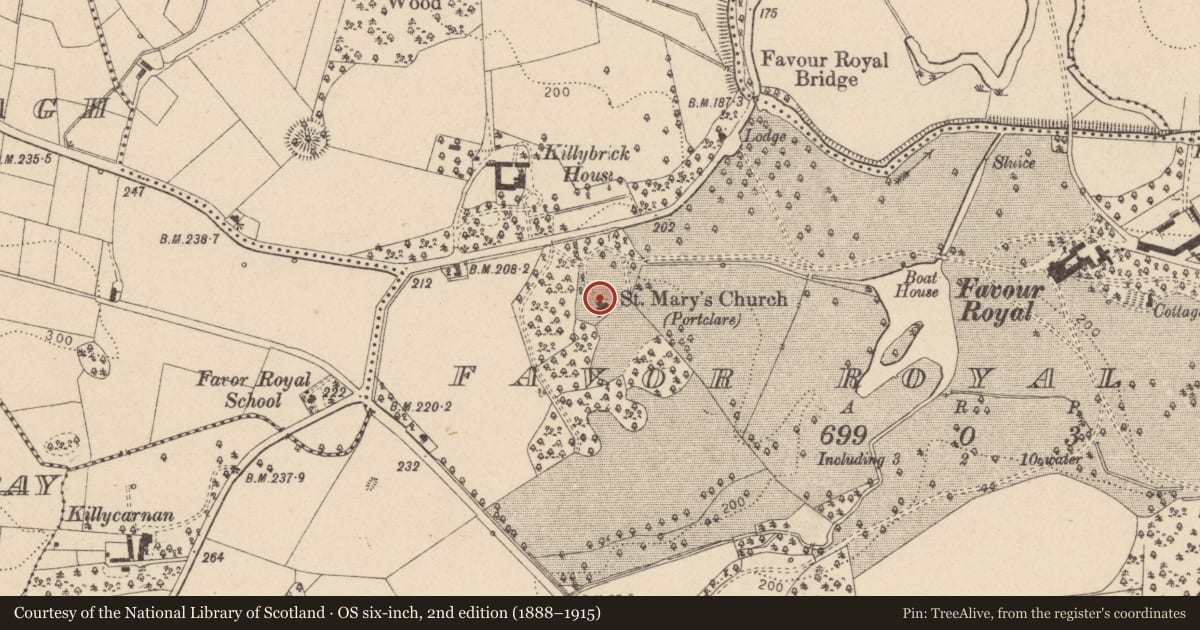 Ordnance Survey six-inch map, 2nd edition (1888–1915) covering the location of St. Mary'S Church, Mid Ulster, with a pin at the register's coordinates
