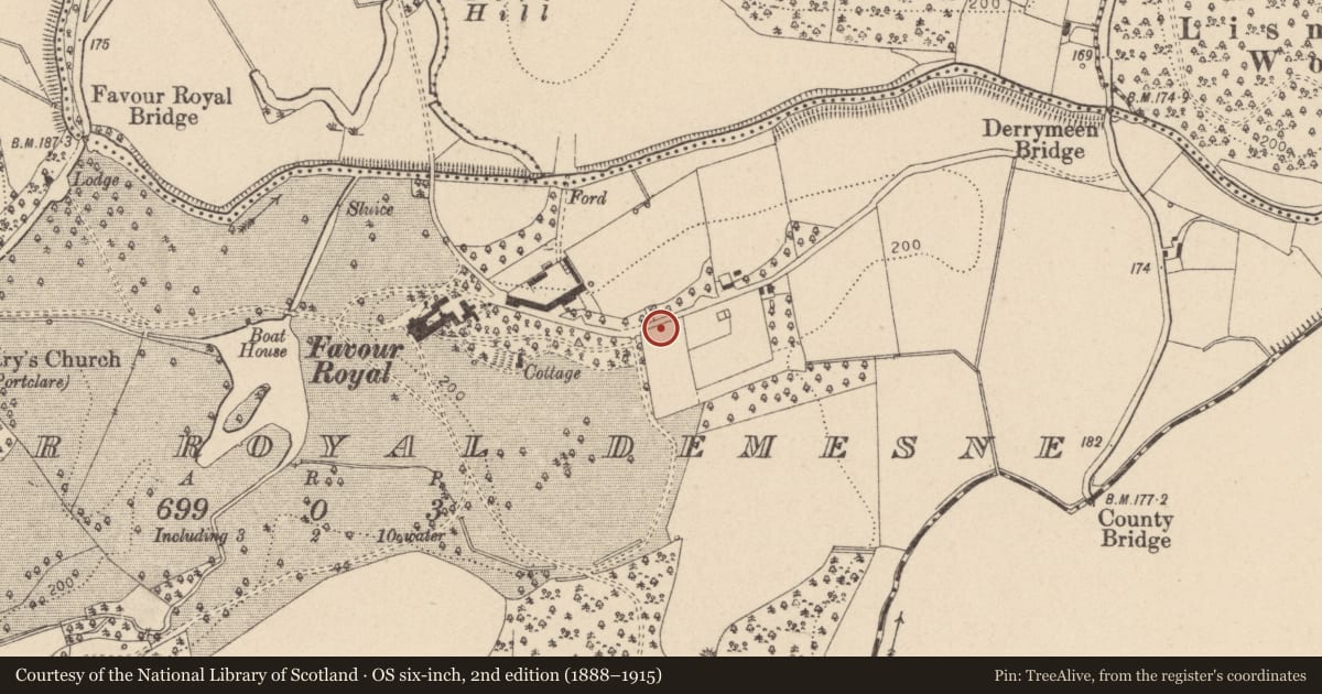 Ordnance Survey six-inch map, 2nd edition (1888–1915) covering the location of The walled garden, Favour Royal, Mid Ulster, with a pin at the register's coordinates