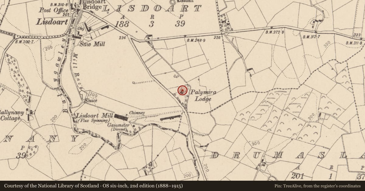 Ordnance Survey six-inch map, 2nd edition (1888–1915) covering the location of Palymira Lodge, Mid Ulster, with a pin at the register's coordinates