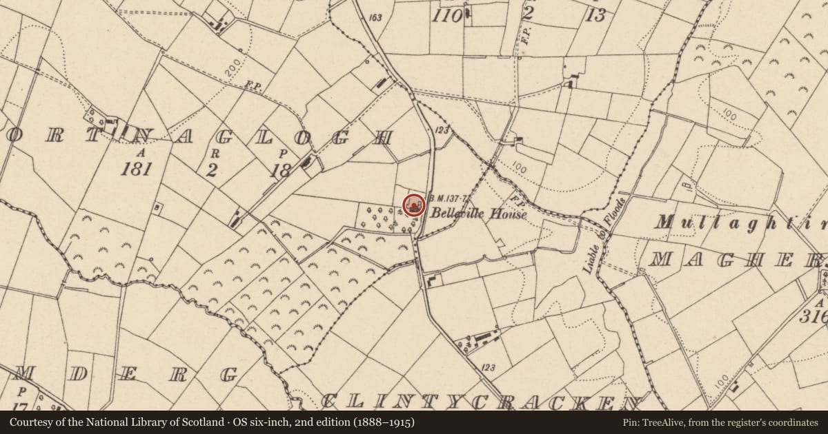 Ordnance Survey six-inch map, 2nd edition (1888–1915) covering the location of Belville House, Mid Ulster, with a pin at the register's coordinates