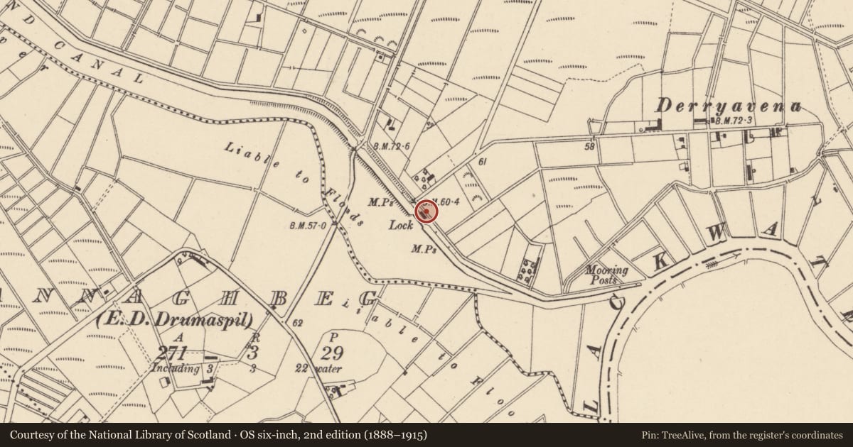 Ordnance Survey six-inch map, 2nd edition (1888–1915) covering the location of Lock House, Mid Ulster, with a pin at the register's coordinates