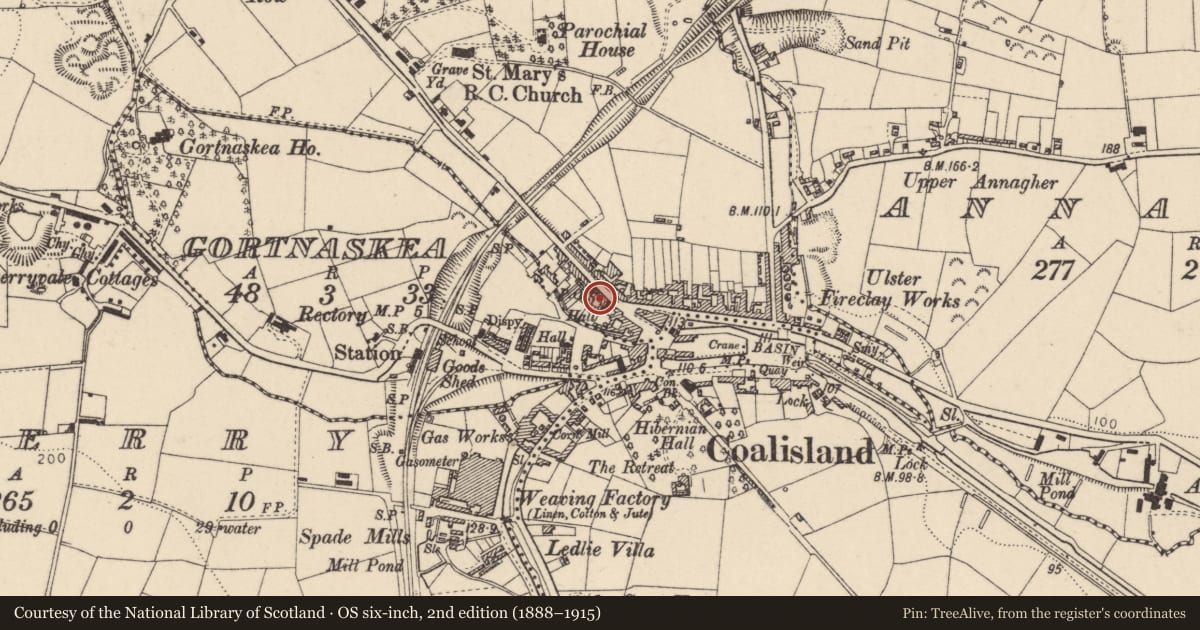 Ordnance Survey six-inch map, 2nd edition (1888–1915) covering the location of 8 Barrack St., BRACKAVILLE, Mid Ulster, with a pin at the register's coordinates