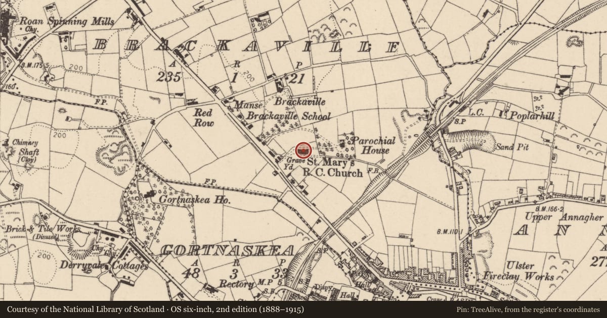 Ordnance Survey six-inch map, 2nd edition (1888–1915) covering the location of St. Mary'S Rc Church, Mid Ulster, with a pin at the register's coordinates