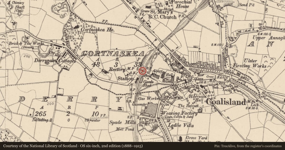 Ordnance Survey six-inch map, 2nd edition (1888–1915) covering the location of Road Bridge, (Over Disused Railway), Mid Ulster, with a pin at the register's coordinates