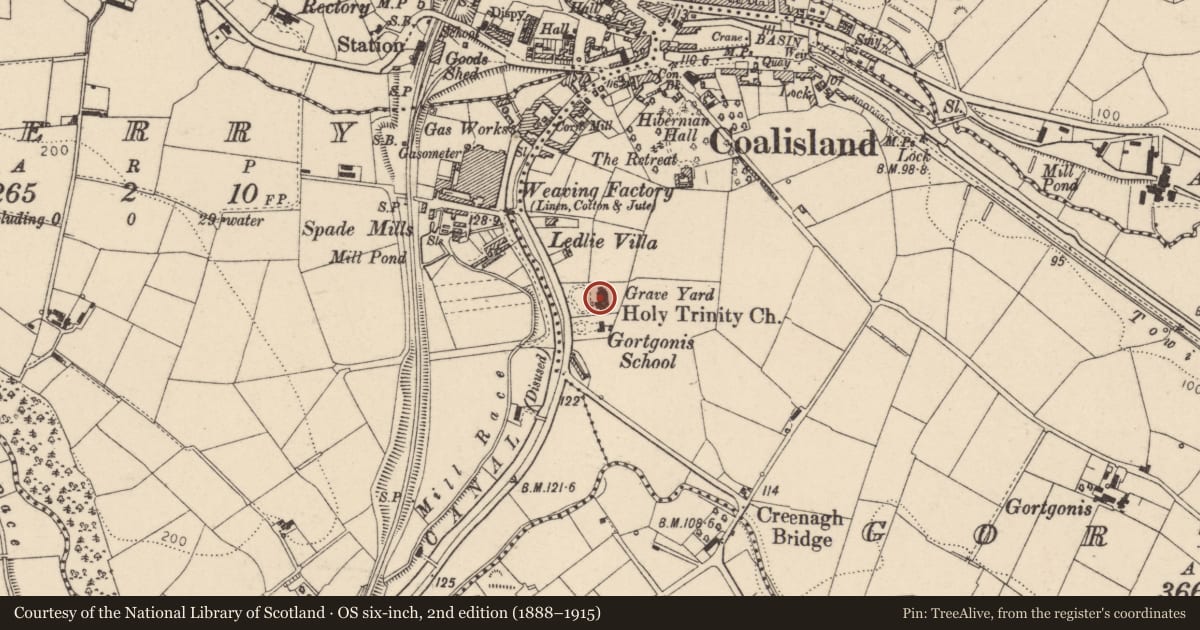 Ordnance Survey six-inch map, 2nd edition (1888–1915) covering the location of Church Of The Holy Trinity, Mid Ulster, with a pin at the register's coordinates