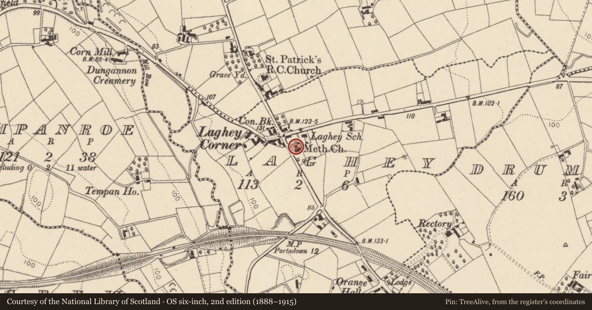Ordnance Survey six-inch map, 2nd edition (1888–1915) covering the location of Laghey Methodist Church, Mid Ulster, with a pin at the register's coordinates