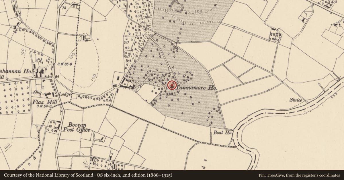 Ordnance Survey six-inch map, 2nd edition (1888–1915) covering the location of Tamnamore House, Mid Ulster, with a pin at the register's coordinates