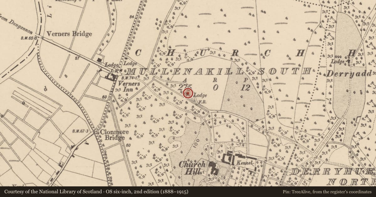 Ordnance Survey six-inch map, 2nd edition (1888–1915) covering the location of Gate Lodge To Church Hill, Armagh City, Banbridge and Craigavon, with a pin at the register's coordinates